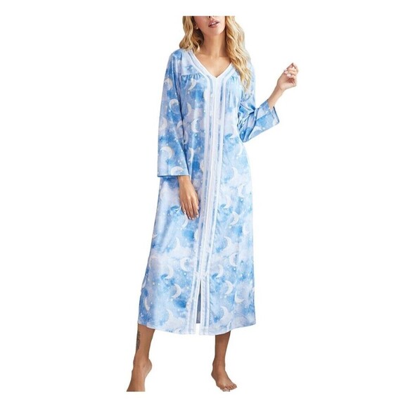 Nightgown Blue Cloud Moon Soft Thin Long Sleeve Pajama PJ Kimono - Picture 1 of 6